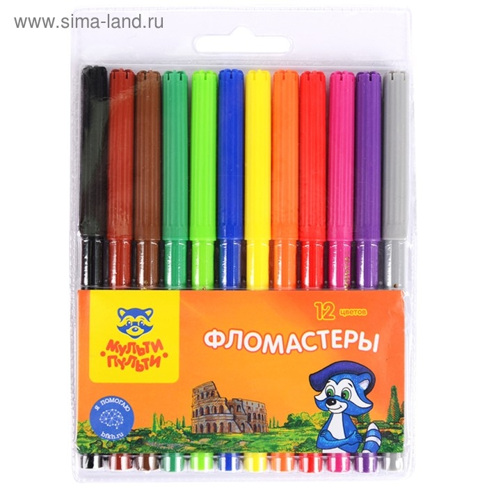 Фломастеры 12 цветов Мульти-Пульти Фломастеры 12 цветов Мульти-Пульти "Енот в Италии", смываемые, в блистере