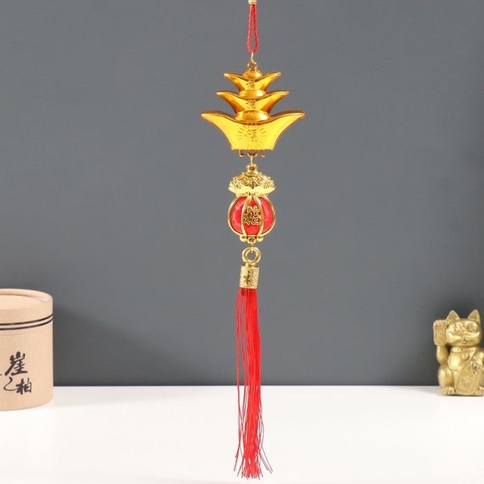 Подвеска пластик, текстиль "Денежный мешок и пирамида из слитков ямб" 2,7х7,5х35 см