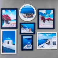 Фоторамка пластик на 7 фото+надпись+полочка "Family. Птицы" сине-белые набор 86х186 см