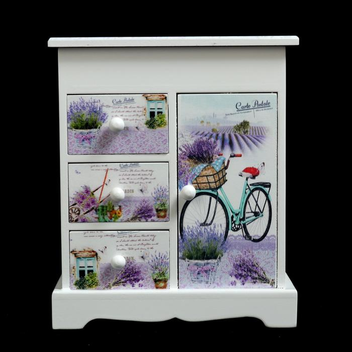 Шкатулка дерево комод 3 ящика+дверка Шкатулка дерево комод 3 ящика+дверка "Лавандовое поле" 18,8х16,1х8,2 см