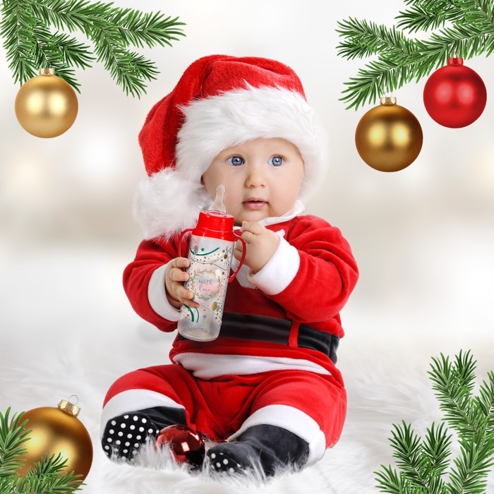 Бутылочка для кормления &laquo;Новогодний подарок&raquo;, классическое горло, 250 мл., от 3 мес., цилиндр, подарочная упаковка, с ручками