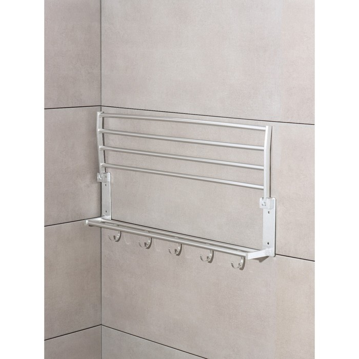 Полка откидная с держателем полотенец, 5 двигающихся крючков, 59,5×20,5×15 см, алюминий Полка откидная с держателем полотенец, 5 двигающихся крючков, 59,5×20,5×15 см, алюминий