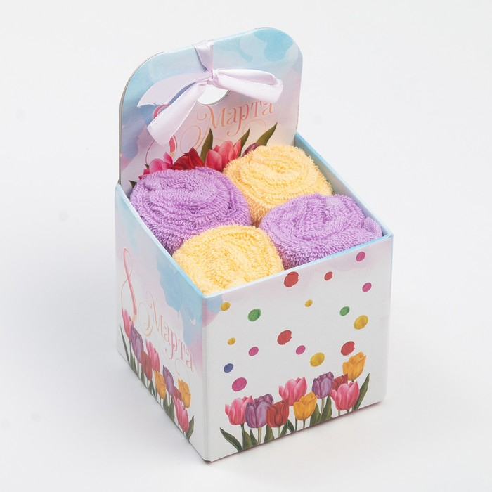 Набор махровых полотенец &laquo;8 Марта&raquo; 30х30 см - 4 шт, 100% хлопок 340 гр/м2