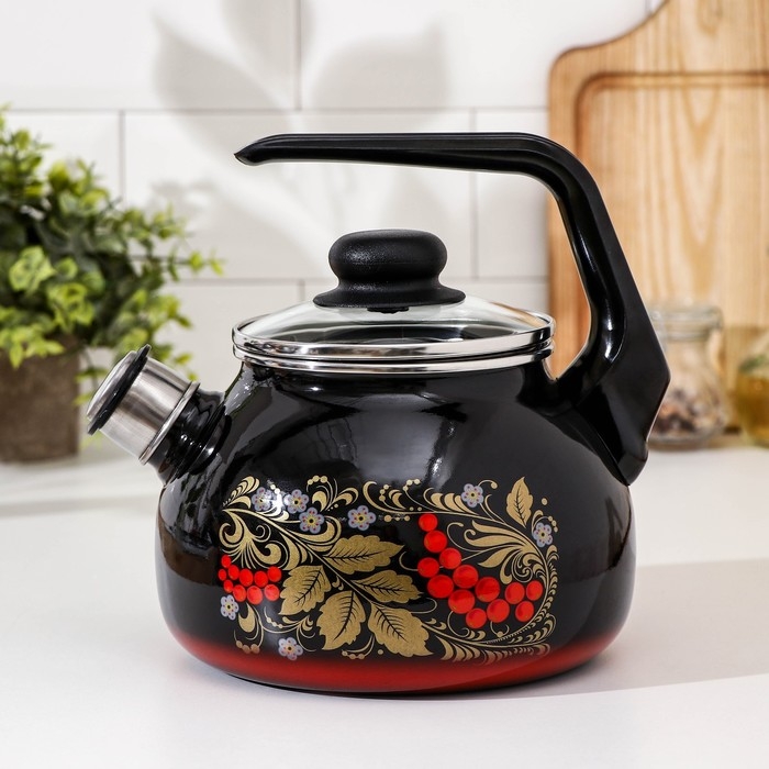 Чайник со свистком &laquo;Рябина&raquo;, 2 л, фиксированная ручка, цвет чёрный, индукция