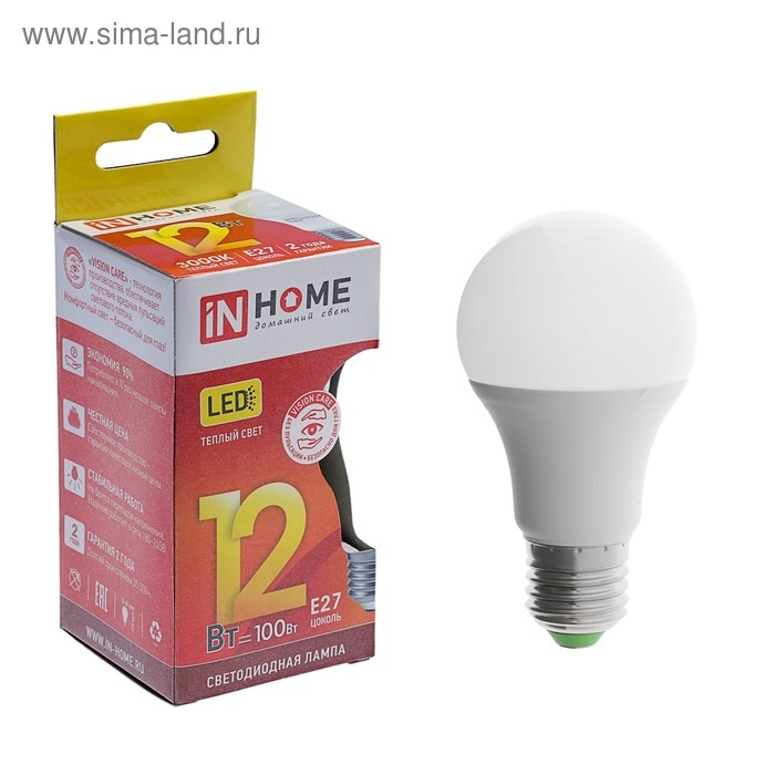 Лампа светодиодная IN HOME LED-A60-VC, Е27, 12 Вт, 230 В, 3000 К, 1140 Лм Лампа светодиодная IN HOME LED-A60-VC, Е27, 12 Вт, 230 В, 3000 К, 1140 Лм