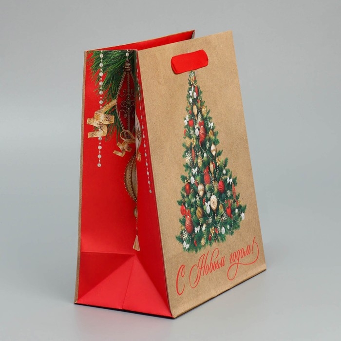 Пакет подарочный новогодний крафтовый вертикальный &laquo;Ёлочка&raquo;, MS 18 х 23 х 10 см, Новый год