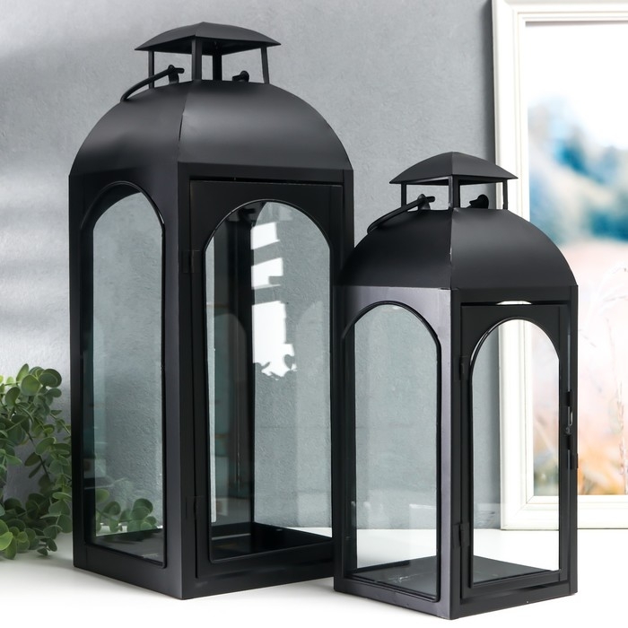 Подсвечник металл Подсвечник металл "Фонарь купольный" чёрный набор 2 шт 14,5х14,5х35 см 47х18х19 см