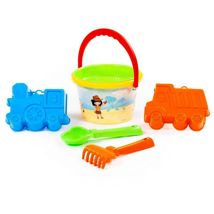 Набор песочный №252, ведро среднее с наклейкой, ситечко, совок, грабельки, формочки