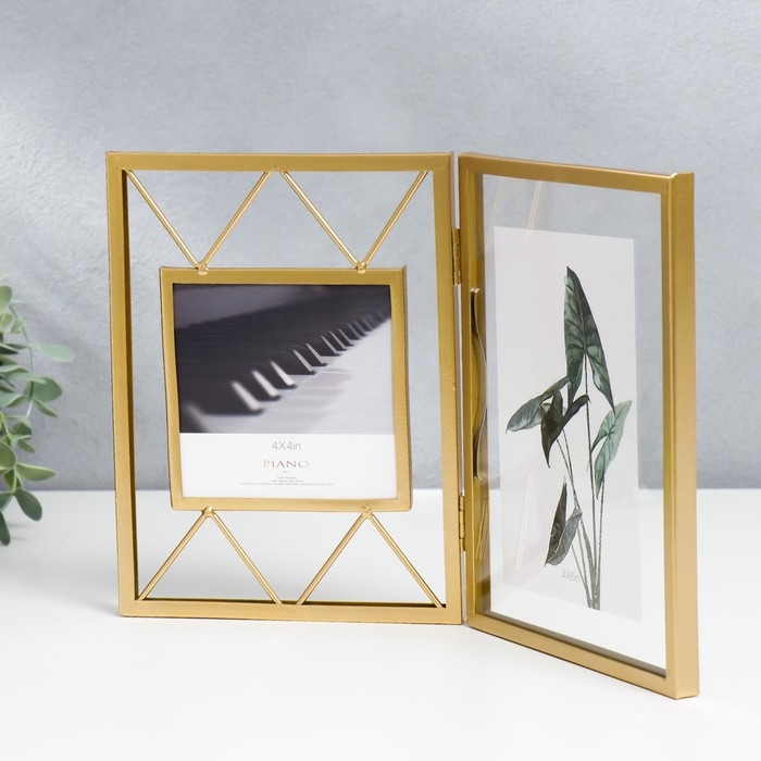 Фоторамка металл на 2 фото 10х10, 10х15 см Фоторамка металл на 2 фото 10х10, 10х15 см "Лофт. Треугольники" золото 20х30,5 см