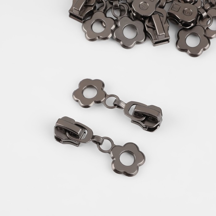 Бегунок автоматический для металлической молнии, №5, декоративный &laquo;Цветок&raquo;, 10 шт, цвет чёрный никель