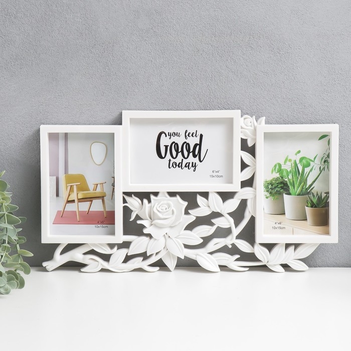 Фоторамка пластик на 3 фото 10х15 см Фоторамка пластик на 3 фото 10х15 см "Роза в листьях" белая 40х21,5 см