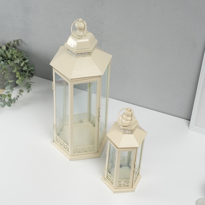 Подсвечник металл, стекло фонарик Подсвечник металл, стекло фонарик "Фес" белый с патиной набор 2 шт 35х13,5х11,8; 51х21х18 см