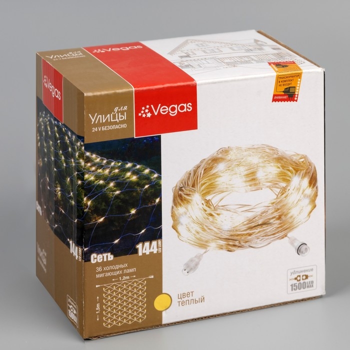 Гирлянда «Сеть» 1.2 × 1.5 м, IP44, УМС, прозрачная нить, 36 LED, свечение тёплое белое, мерцание белым 24 В Гирлянда «Сеть» 1.2 × 1.5 м, IP44, УМС, прозрачная нить, 36 LED, свечение тёплое белое, мерцание белым 24 В