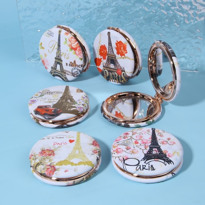 Зеркало складное &laquo;Париж&raquo;, d = 7,5 см, с увеличением, искусственная кожа, рисунок МИКС