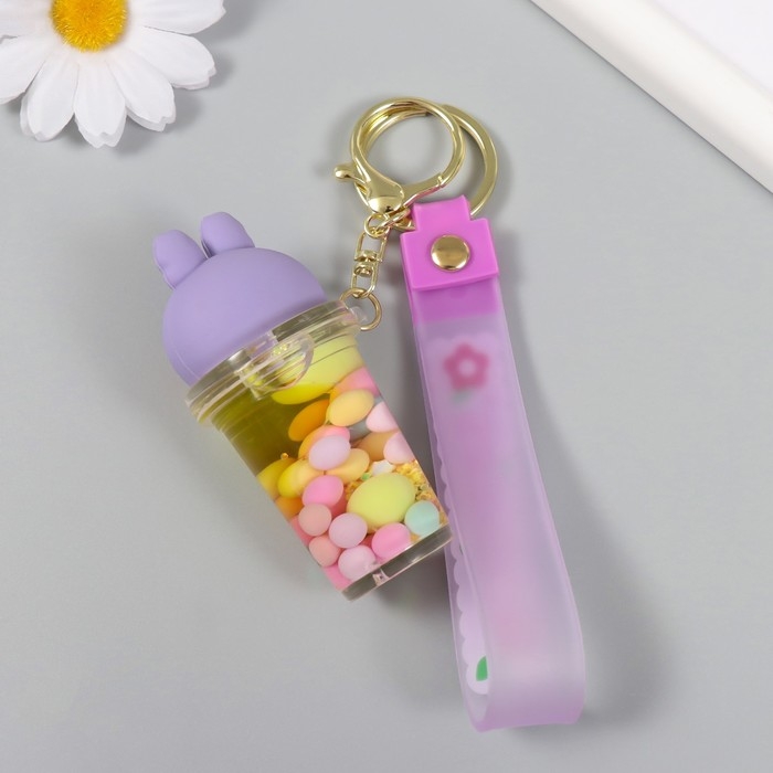 Брелок резина с карабином, ремешком Брелок резина с карабином, ремешком "Стакан с крышкой зайкой" водный с декором 8х3,5х3,5 см 104989