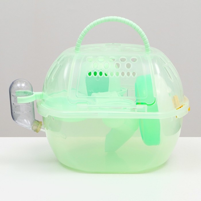 Переноска для грызунов Carno с домиком, полкой, поилкой, 29х23х23 см, зелёная