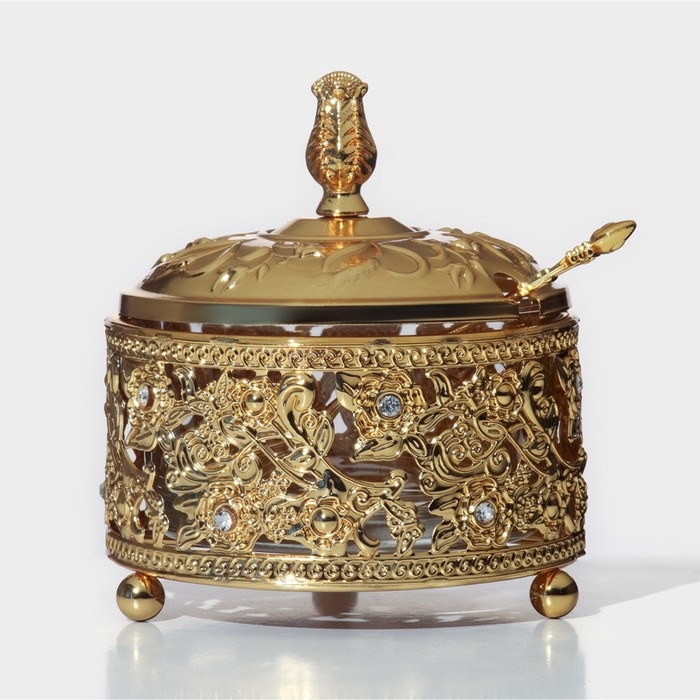 Сахарница «Букет», 200 мл, 10×11 см, с ложкой, крышкой, цвет золотой Сахарница «Букет», 200 мл, 10×11 см, с ложкой, крышкой, цвет золотой