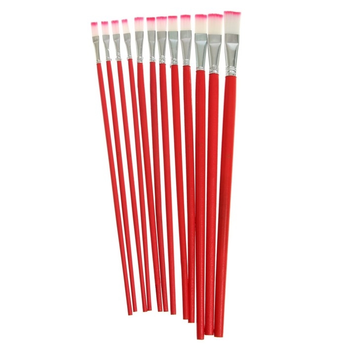 Набор кистей нейлон, плоские, 12 штук (№1, 2, 3, 4, 5, 6, 7, 8, 9, 10, 11, 12) с деревянными ручками