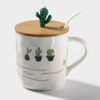 Кружка керамическая с деревянной крышкой и ложкой «Кактус», 380 мл, цвет МИКС Кружка керамическая с деревянной крышкой и ложкой «Кактус», 380 мл, цвет МИКС