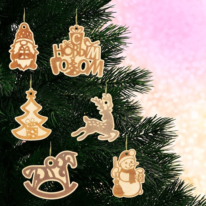 Ёлочные игрушки новогодние &laquo;Новый год: Ёлочные игрушки&raquo;,   в деревянной коробке с гравировкой, 6 шт.