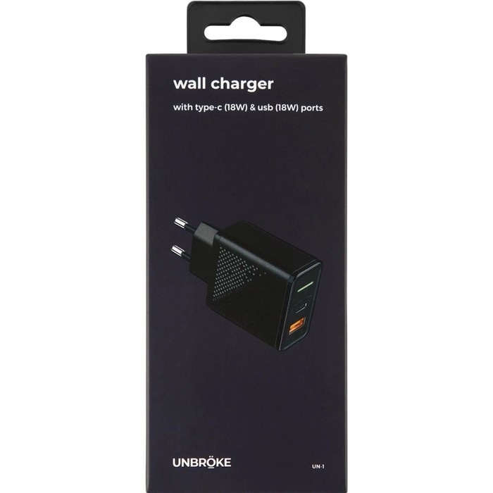 Сетевое зарядное устройство UNBRÖKE UN-1, USB+Type-C, 3 A, индикатор, черное Сетевое зарядное устройство UNBRÖKE UN-1, USB+Type-C, 3 A, индикатор, черное