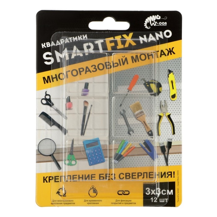 Квадраты для многоразового монтажа W-con SmartFix NANO, 3 х 3 см, 12 штук Квадраты для многоразового монтажа W-con SmartFix NANO, 3 х 3 см, 12 штук