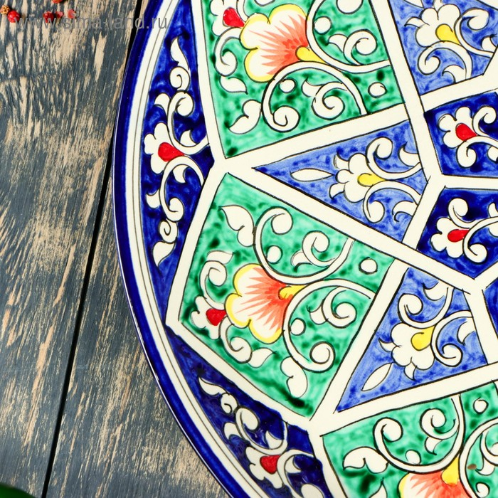 Ляган круглый «Риштан», 36 см, зелёный, орнамент бело-синий Ляган круглый «Риштан», 36 см, зелёный, орнамент бело-синий