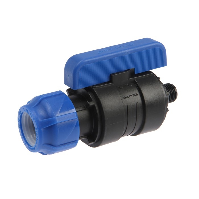 Кран шаровой ПНД Valfex, d=32 мм х 1/2 Кран шаровой ПНД Valfex, d=32 мм х 1/2", цанга/наружная резьба, разборный