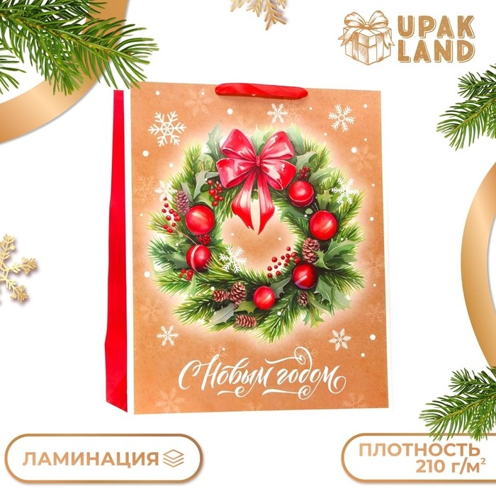 Новый год. Пакет ламинированный вертикальный "Венок", XL 40 &times; 49 &times; 19 см.
