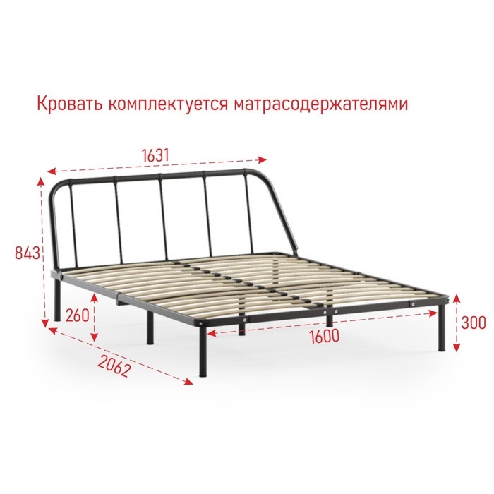 Кровать разборная металлическая "Мира", 1600х2000, Черная