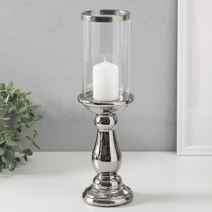 Подсвечник керамика, стекло на 1 свечу "Магистр" d=8 см серебро 9,5х9,5х32 см