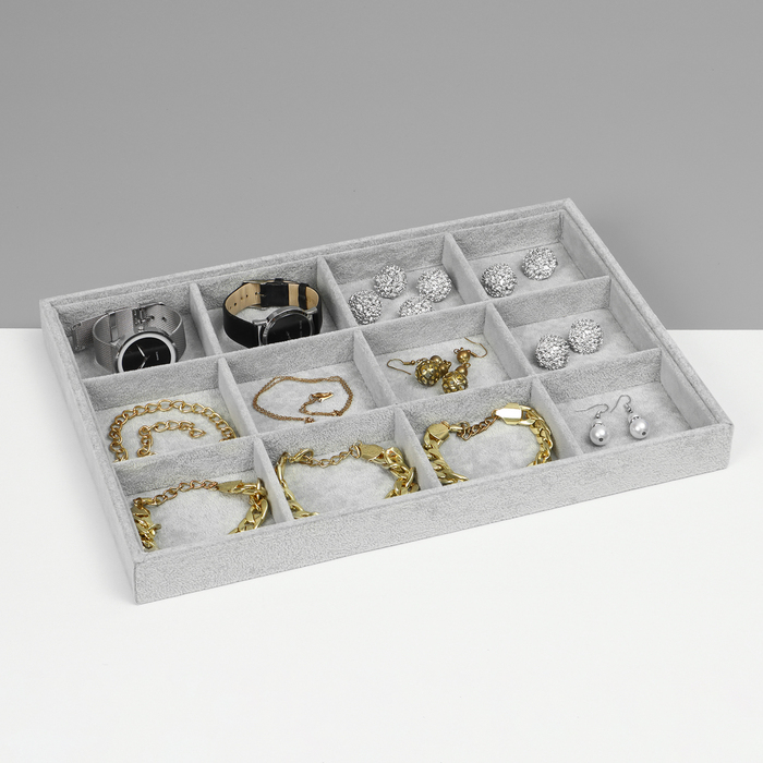 Подставка для украшений 12 ячеек, флок, 35×24×3, цвет серый Подставка для украшений 12 ячеек, флок, 35×24×3, цвет серый