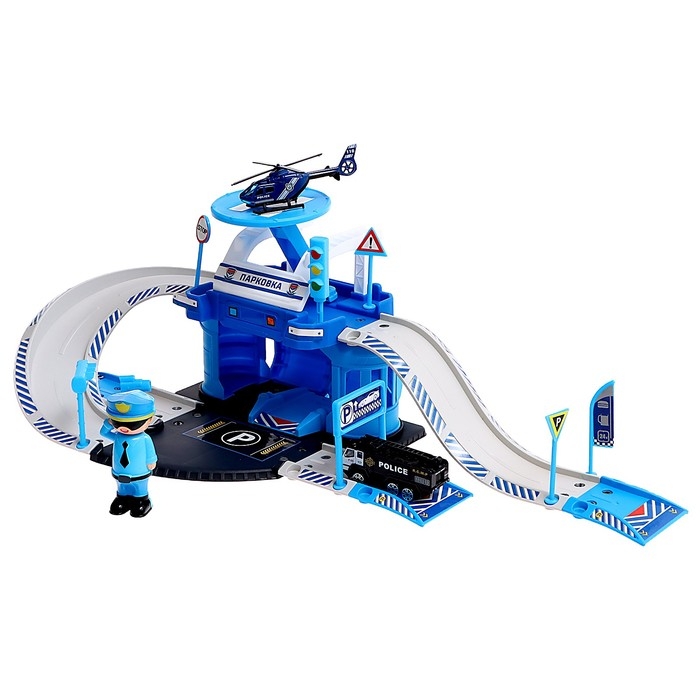 Парковка &laquo;Полицейский участок&raquo;, с металлическими машинкой и вертолётом