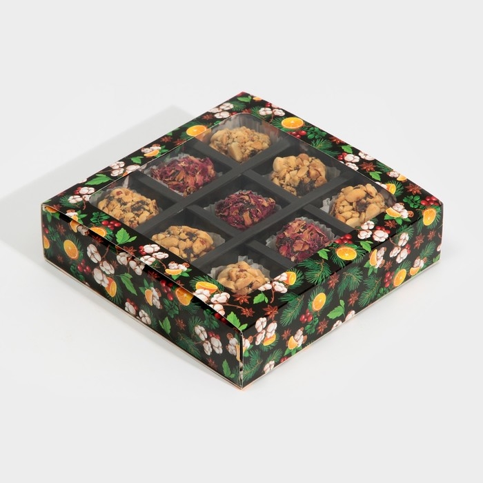 Коробка под 9 конфет с ячейками &laquo;Вкусный новый год&raquo; 14,5 х 14,5 х 3,5 см, Новый год