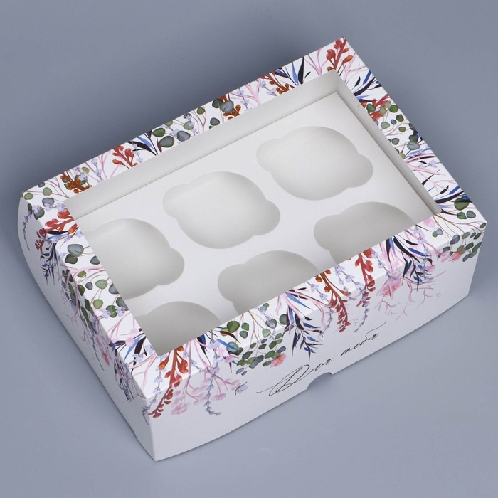 Коробка для капкейков, кондитерская упаковка с окном, 6 ячеек &laquo;Венок&raquo;, 25 х 17 х 10 см