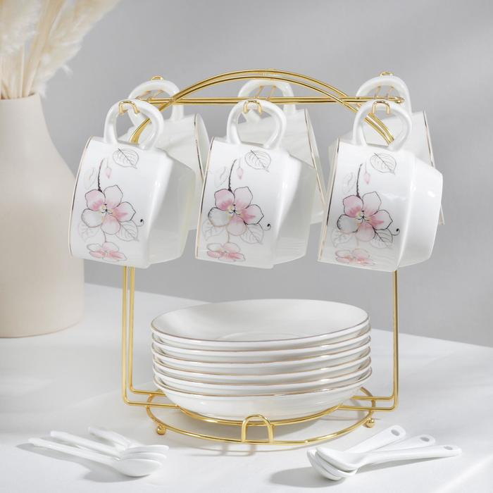 Сервиз чайный керамический на металлической подставке &laquo;Роза&raquo;, 19 предметов: 6 чашек 170 мл, 6 блюдец 13,5 см, 6 ложек, цвет белый