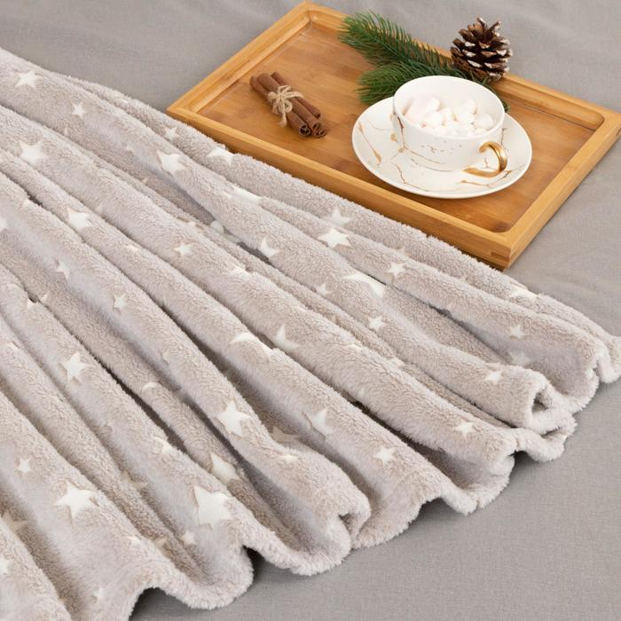 Плед светящийся в темноте Этель &laquo;Звезды&raquo; цв.серый 150*200 см,100% п/э, корал-флис, 220 гр/м2