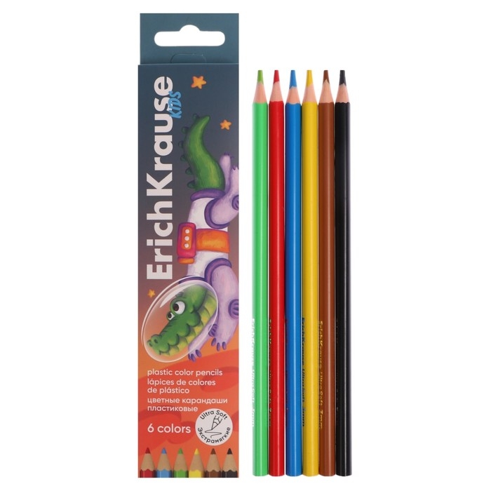 Карандаши 6 цветов ErichKrause Карандаши 6 цветов ErichKrause "Kids Space Animals", пластик, трехгранные, европодвес