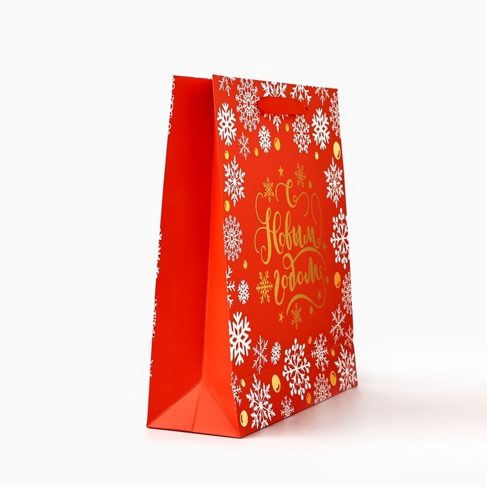 Пакет подарочный новогодний ламинированный &laquo;Золотые снежинки&raquo;, тиснение, M 30 х 26 х 9 см, Новый год