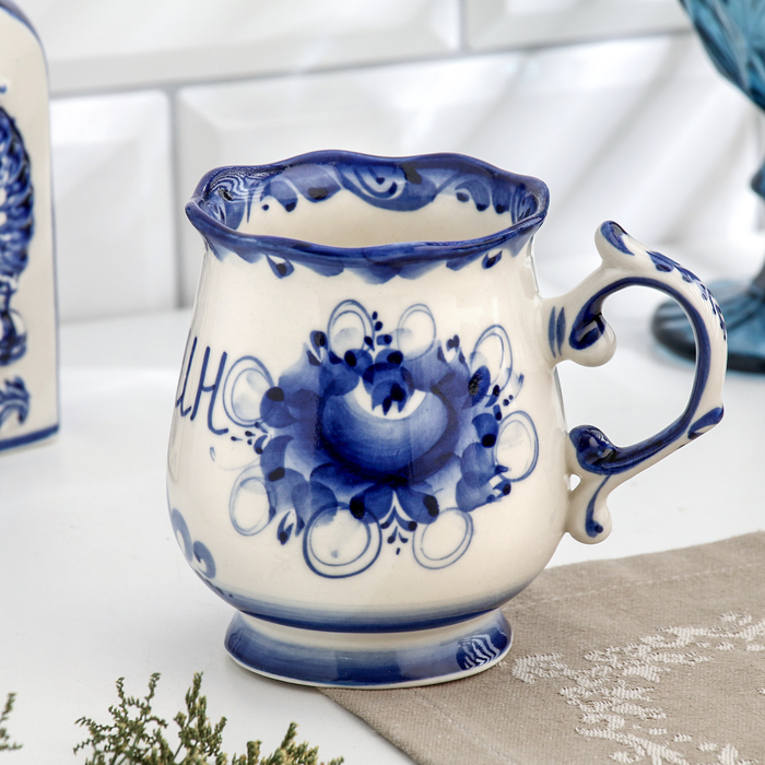 Кружка Кружка "Утро Хозяин", 0,3 л, 11х12 см, гжель, фарфор