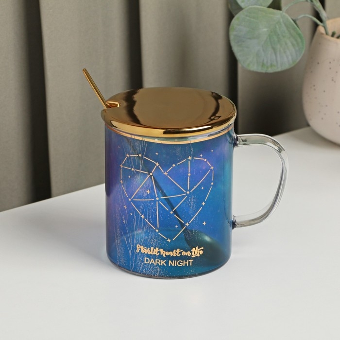 Кружка стеклянная с керамической крышкой и ложкой &laquo;Созвездие&raquo;, 370 мл, цвет МИКС