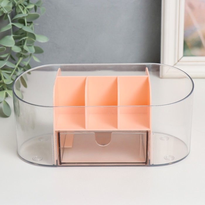 Шкатулка для косметики пластик Шкатулка для косметики пластик "Овальная с ящичком" розовая 8,5х19,5х9 см