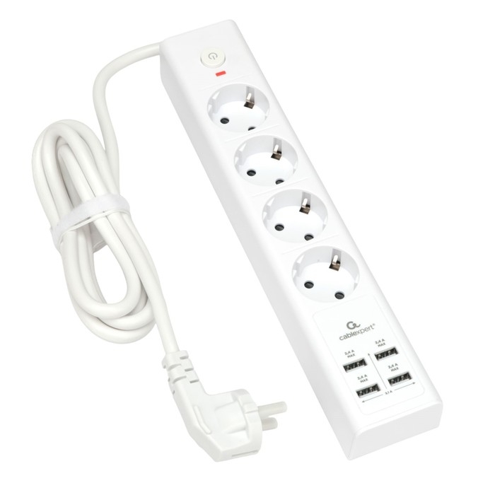 Сетевой фильтр Cablexpert Exnovo EXN-4-U4-W-2, 4р, 16А, 4хUSB, 3.1A, 2м, ур.защиты 4+, белый