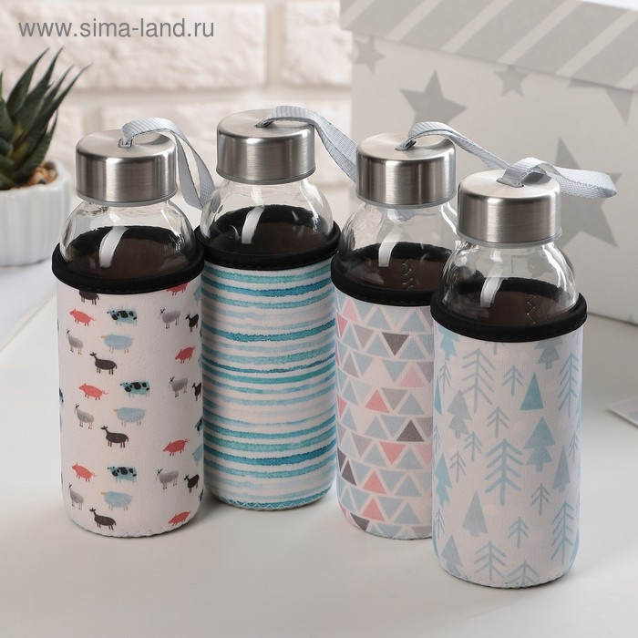 Бутылка для воды стеклянная в чехле &laquo;Абстракция&raquo;, 300 мл, h=17 см, цвет МИКС