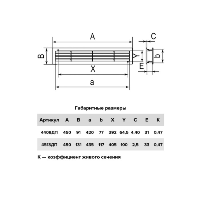 Решетка вентиляционная дверная ERA 4409 ДП, 450 х 90 мм
