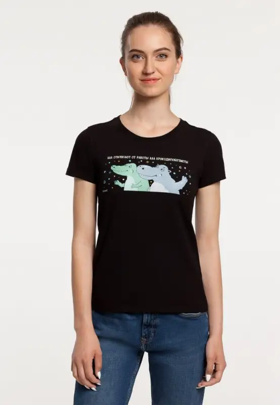 Футболка женская &laquo;Крокодилобегемоты&raquo;, черная, размер L