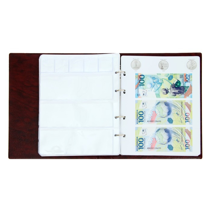 Альбом для монет на кольцах 225 х 265 мм, Альбом для монет на кольцах 225 х 265 мм, "Памятные монеты РФ", обложка искусственная кожа, 13 листов и 13 цветных картонных вставок, коричневый