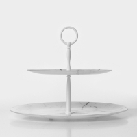 Этажерка-фруктовница стеклянная Доляна &laquo;Мрамор&raquo;, d=21 см, d=30 см, 2 яруса, цвет белый