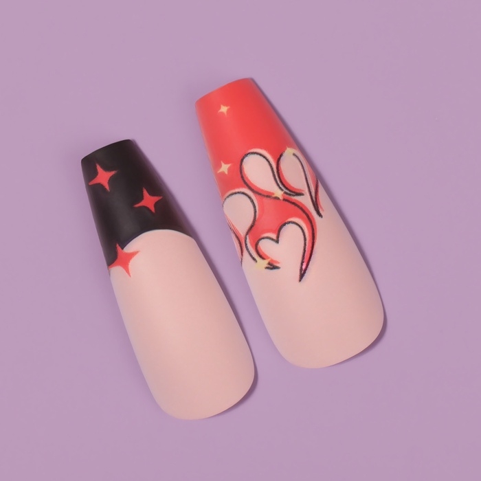 Ногти накладные с кл пластинами 12шт Огонь балерина персик/красн/желт к/кор QF