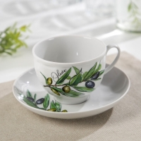 Чайная пара фарфоровая &laquo;Оливки&raquo;, 275 мл, чашка d=9,2 см, блюдце d=15,1 см, рисунок МИКС